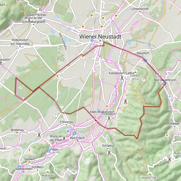 Map miniature of "Gravel Path Tour: Bad Sauerbrunn - Wiener Neustadt Loop" cycling inspiration in Burgenland, Austria. Generated by Tarmacs.app cycling route planner