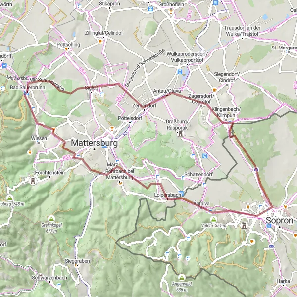 Map miniature of "Gravel Tour around Bad Sauerbrunn" cycling inspiration in Burgenland, Austria. Generated by Tarmacs.app cycling route planner