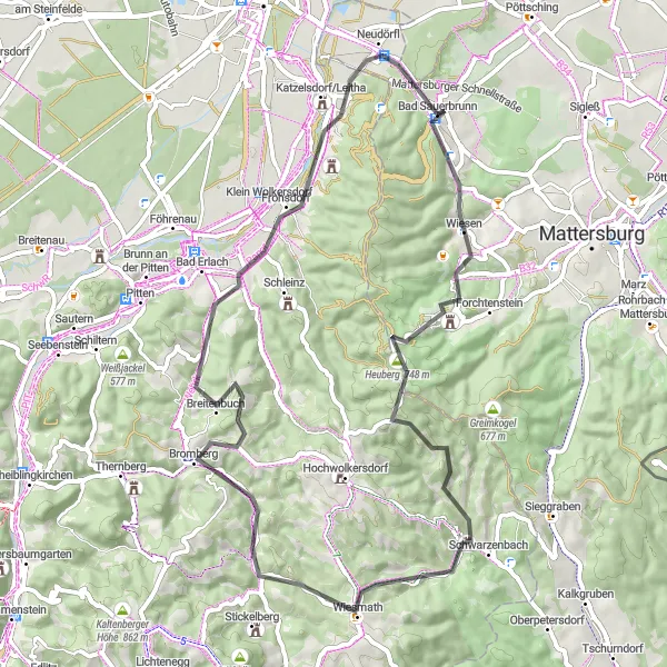 Miniatua del mapa de inspiración ciclista "Desafío en carretera hasta Neudörfl" en Burgenland, Austria. Generado por Tarmacs.app planificador de rutas ciclistas