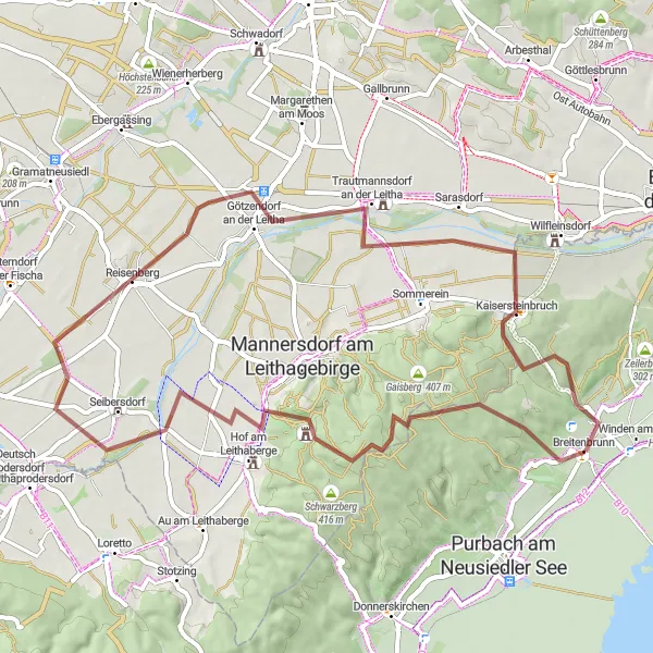 Miniatura della mappa di ispirazione al ciclismo "Il Percorso Gravel tra Götzendorf an der Leitha e Ruine Scharfeneck" nella regione di Burgenland, Austria. Generata da Tarmacs.app, pianificatore di rotte ciclistiche