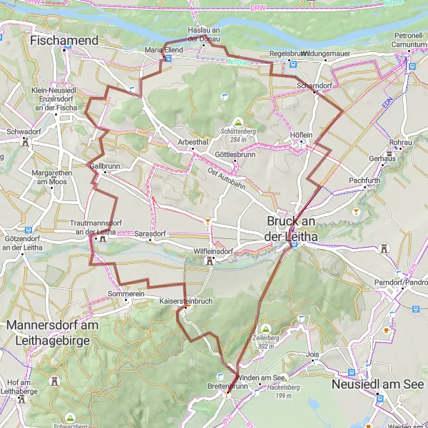 Miniatura della mappa di ispirazione al ciclismo "Breitenbrunn - Alter Berg - Sommerein - Schloss Trautmannsdorf - Herrnberg - Haslau an der Donau - Aussichtsplattform - Bruckneudorf - Zeilerberg" nella regione di Burgenland, Austria. Generata da Tarmacs.app, pianificatore di rotte ciclistiche