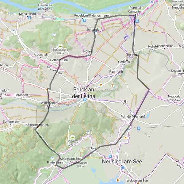 Miniaturní mapa "Okruh kolem Breitenbrunnu" inspirace pro cyklisty v oblasti Burgenland, Austria. Vytvořeno pomocí plánovače tras Tarmacs.app