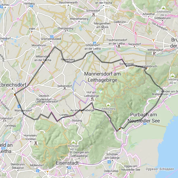 Zemljevid v pomanjšavi "Popotovanje po vinorodnih gričih Burgenlanda" kolesarske inspiracije v Burgenland, Austria. Generirano z načrtovalcem kolesarskih poti Tarmacs.app