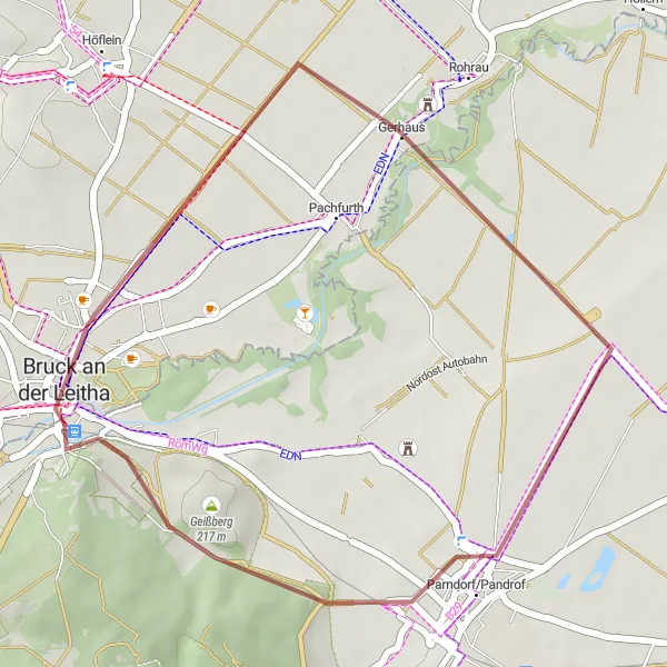 Miniatua del mapa de inspiración ciclista "Ruta de gravel a Parndorf/Pandrof" en Burgenland, Austria. Generado por Tarmacs.app planificador de rutas ciclistas