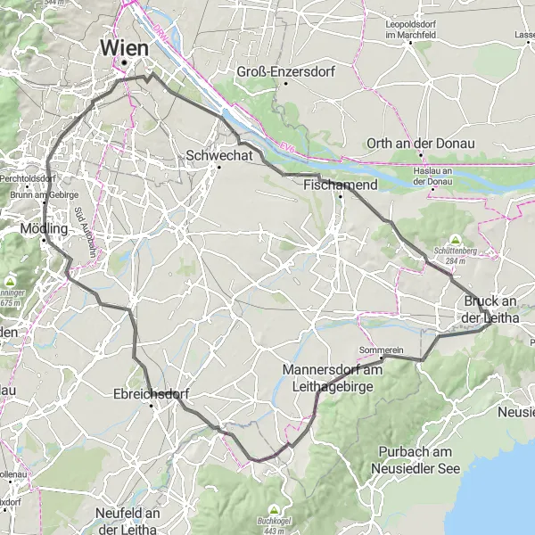 Miniatua del mapa de inspiración ciclista "Ruta por carretera desde Bruckneudorf hasta Viena" en Burgenland, Austria. Generado por Tarmacs.app planificador de rutas ciclistas