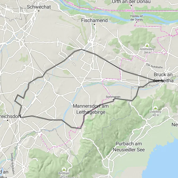 Kartminiatyr av "Cykeltur från Bruckneudorf via Seibersdorf och Schwardorf" cykelinspiration i Burgenland, Austria. Genererad av Tarmacs.app cykelruttplanerare