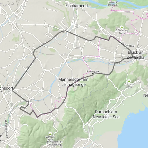Zemljevid v pomanjšavi "Bruckneudorf - Bruck an der Leitha Extended Road Route" kolesarske inspiracije v Burgenland, Austria. Generirano z načrtovalcem kolesarskih poti Tarmacs.app