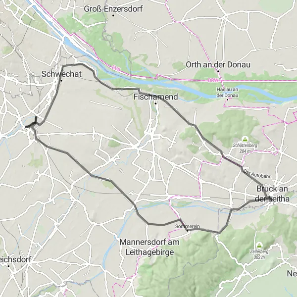 Miniatura della mappa di ispirazione al ciclismo "Giro panoramico da Bruck an der Leitha" nella regione di Burgenland, Austria. Generata da Tarmacs.app, pianificatore di rotte ciclistiche