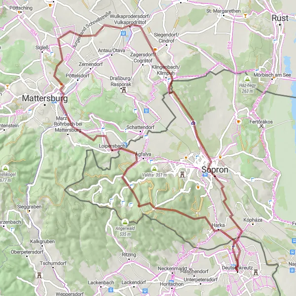 Zemljevid v pomanjšavi "Poiščite zaklade na poti do Soprona" kolesarske inspiracije v Burgenland, Austria. Generirano z načrtovalcem kolesarskih poti Tarmacs.app