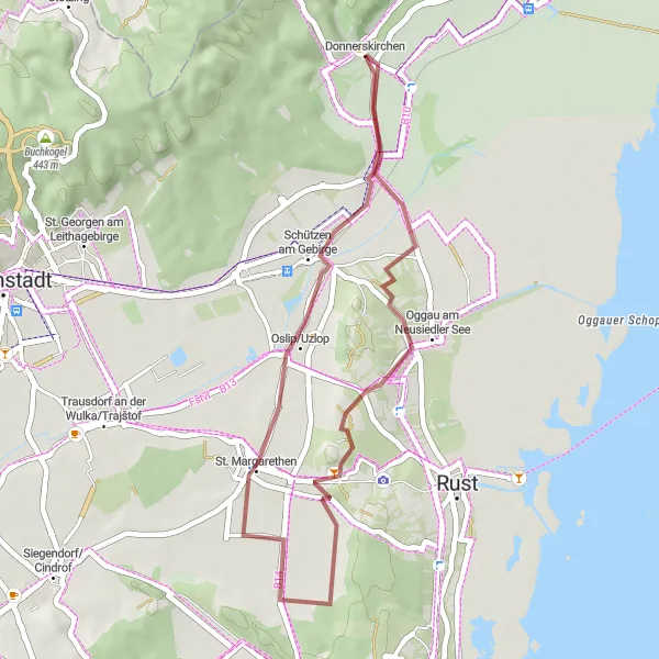 Miniaturní mapa "Gravelová trasa přes St. Margarethen" inspirace pro cyklisty v oblasti Burgenland, Austria. Vytvořeno pomocí plánovače tras Tarmacs.app