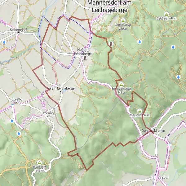 Miniaturní mapa "Gravelová okružní trasa s výhledem na Scharfeneck" inspirace pro cyklisty v oblasti Burgenland, Austria. Vytvořeno pomocí plánovače tras Tarmacs.app