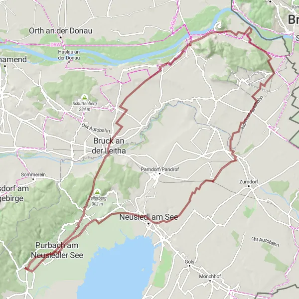 Miniaturní mapa "Gravelová trasa kolem Neziderského jezera" inspirace pro cyklisty v oblasti Burgenland, Austria. Vytvořeno pomocí plánovače tras Tarmacs.app