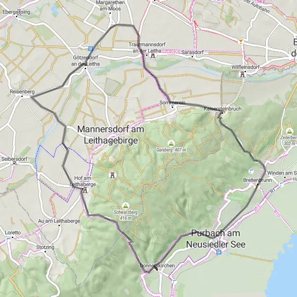 Miniatura della mappa di ispirazione al ciclismo "Giro in Bicicletta per Grünbühel e Schwarzes Kreuz" nella regione di Burgenland, Austria. Generata da Tarmacs.app, pianificatore di rotte ciclistiche