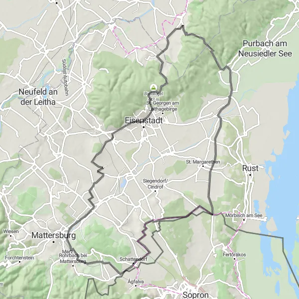 Miniatura della mappa di ispirazione al ciclismo "Giro Stradale delle Colline" nella regione di Burgenland, Austria. Generata da Tarmacs.app, pianificatore di rotte ciclistiche