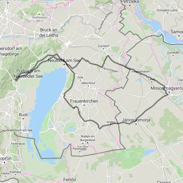 Miniaturní mapa "Trasa kolem Jezera Neziderské" inspirace pro cyklisty v oblasti Burgenland, Austria. Vytvořeno pomocí plánovače tras Tarmacs.app