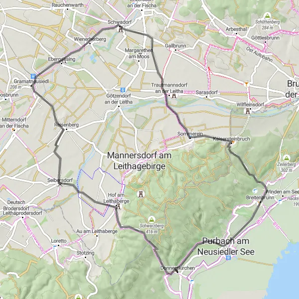Miniatura della mappa di ispirazione al ciclismo "Giro in bici da Donnerskirchen attraverso le colline circostanti" nella regione di Burgenland, Austria. Generata da Tarmacs.app, pianificatore di rotte ciclistiche