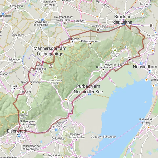 Zemljevid v pomanjšavi "Raznolika kolesarska avantura" kolesarske inspiracije v Burgenland, Austria. Generirano z načrtovalcem kolesarskih poti Tarmacs.app