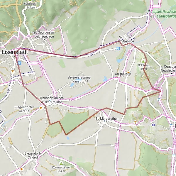 Miniatua del mapa de inspiración ciclista "Ruta de grava a Schützen am Gebirge" en Burgenland, Austria. Generado por Tarmacs.app planificador de rutas ciclistas