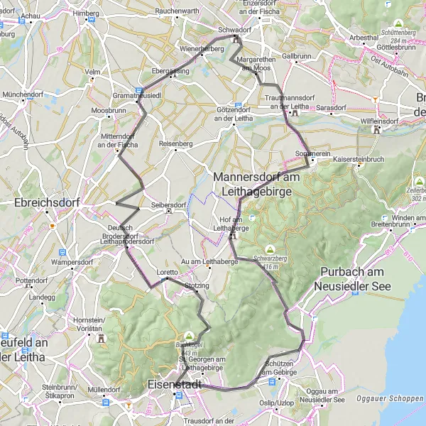Miniatura della mappa di ispirazione al ciclismo "Tour in bicicletta alla scoperta di Burgenland" nella regione di Burgenland, Austria. Generata da Tarmacs.app, pianificatore di rotte ciclistiche