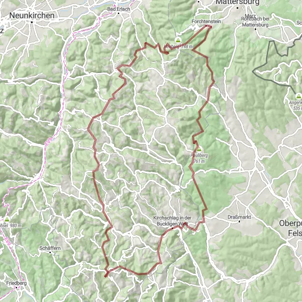 Miniatura della mappa di ispirazione al ciclismo "Gravel Challenge della Bucklige Welt" nella regione di Burgenland, Austria. Generata da Tarmacs.app, pianificatore di rotte ciclistiche