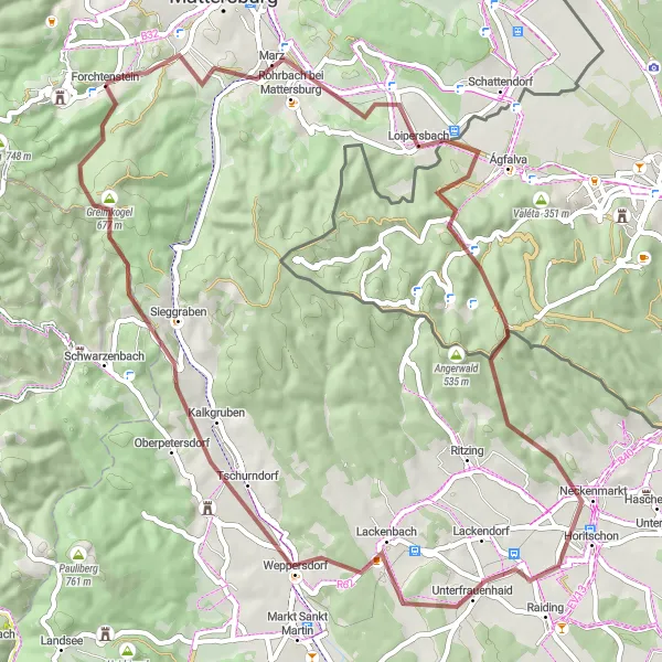 Miniatua del mapa de inspiración ciclista "Ruta de Grava por Forchtenstein y Alrededores" en Burgenland, Austria. Generado por Tarmacs.app planificador de rutas ciclistas