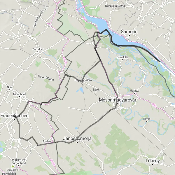 Mapa miniatúra "Cyklistická odysea Dunajom" cyklistická inšpirácia v Burgenland, Austria. Vygenerované cyklistickým plánovačom trás Tarmacs.app