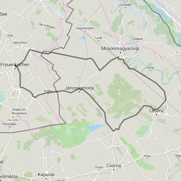 Mapa miniatúra "Cyklistická trasa cez Halbturn, Mosonszolnok, Moson, Lébény, Bősárkány, Jánossomorja a Tadten" cyklistická inšpirácia v Burgenland, Austria. Vygenerované cyklistickým plánovačom trás Tarmacs.app