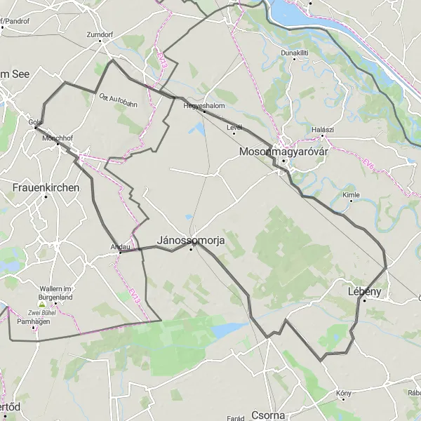 Kartminiatyr av "Gols - Halbturn Loop" sykkelinspirasjon i Burgenland, Austria. Generert av Tarmacs.app sykkelrutoplanlegger
