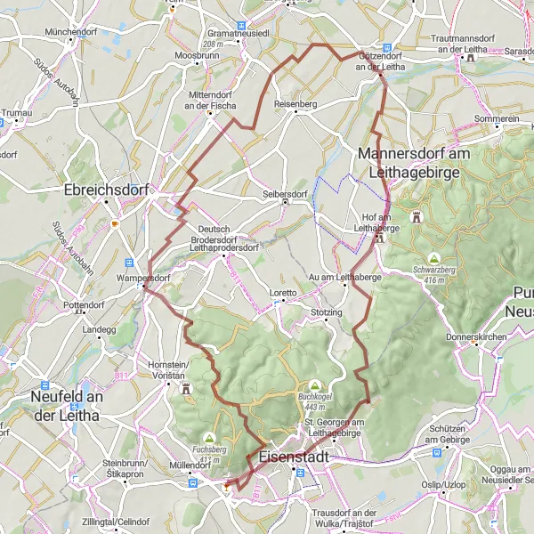 Map miniature of "Exploring Leitha Hills" cycling inspiration in Burgenland, Austria. Generated by Tarmacs.app cycling route planner