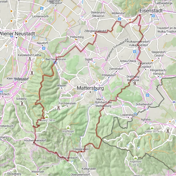 Miniature de la carte de l'inspiration cycliste "Circuit de gravier de Pestsäule à Kleinhöflein" dans la Burgenland, Austria. Générée par le planificateur d'itinéraire cycliste Tarmacs.app