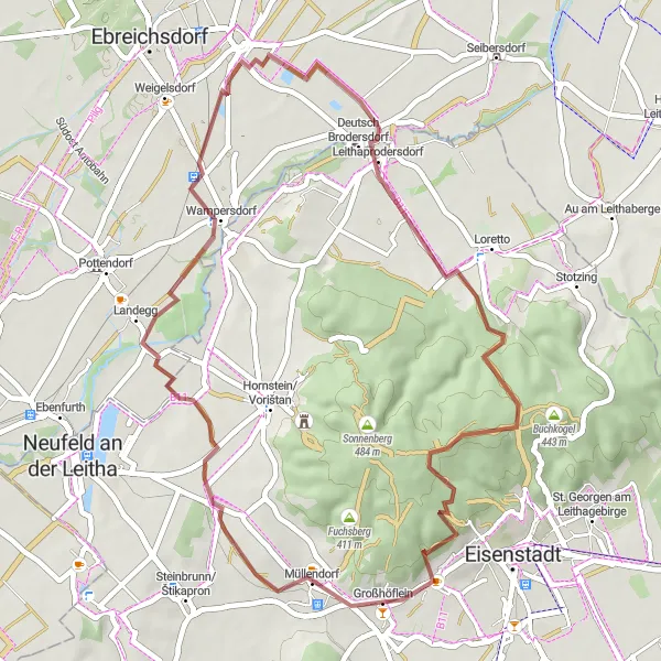 Miniatua del mapa de inspiración ciclista "Ruta de Grava por Schloss Schöngrabern y Raiffeisen-Jubiläumswarte" en Burgenland, Austria. Generado por Tarmacs.app planificador de rutas ciclistas