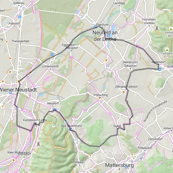 Miniatura della mappa di ispirazione al ciclismo "Zillingtal/Celindof Road Loop" nella regione di Burgenland, Austria. Generata da Tarmacs.app, pianificatore di rotte ciclistiche