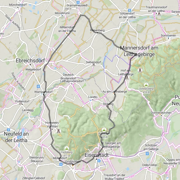 Miniatura della mappa di ispirazione al ciclismo "Hirschbühel Wimpassing Loop" nella regione di Burgenland, Austria. Generata da Tarmacs.app, pianificatore di rotte ciclistiche