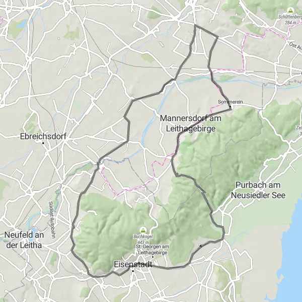 Miniatua del mapa de inspiración ciclista "Viaje Escénico por Hof am Leithaberge y Großhöflein" en Burgenland, Austria. Generado por Tarmacs.app planificador de rutas ciclistas