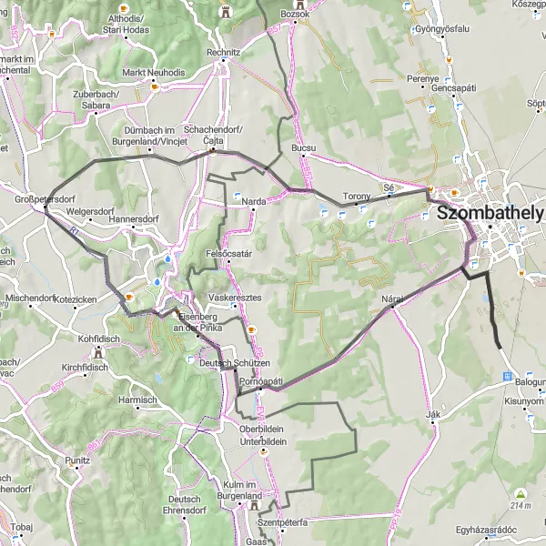 Zemljevid v pomanjšavi "Kolesarska pot okoli Grosspetersdorfa" kolesarske inspiracije v Burgenland, Austria. Generirano z načrtovalcem kolesarskih poti Tarmacs.app