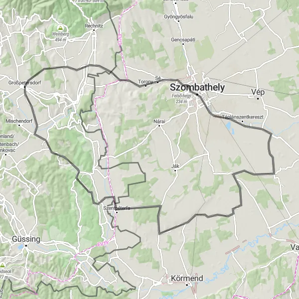 Miniatuurkaart van de fietsinspiratie "Uitdagende tocht vanuit Grosspetersdorf naar Szombathely" in Burgenland, Austria. Gemaakt door de Tarmacs.app fietsrouteplanner