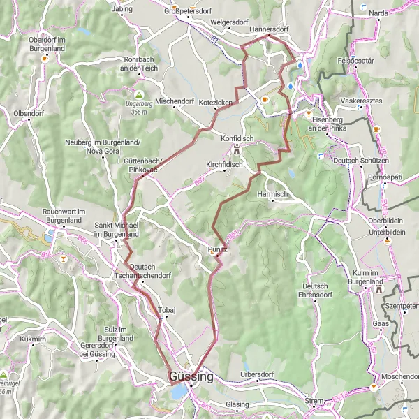 Karttaminiaatyyri "Güssingin lempäköivä kierros" pyöräilyinspiraatiosta alueella Burgenland, Austria. Luotu Tarmacs.app pyöräilyreittisuunnittelijalla