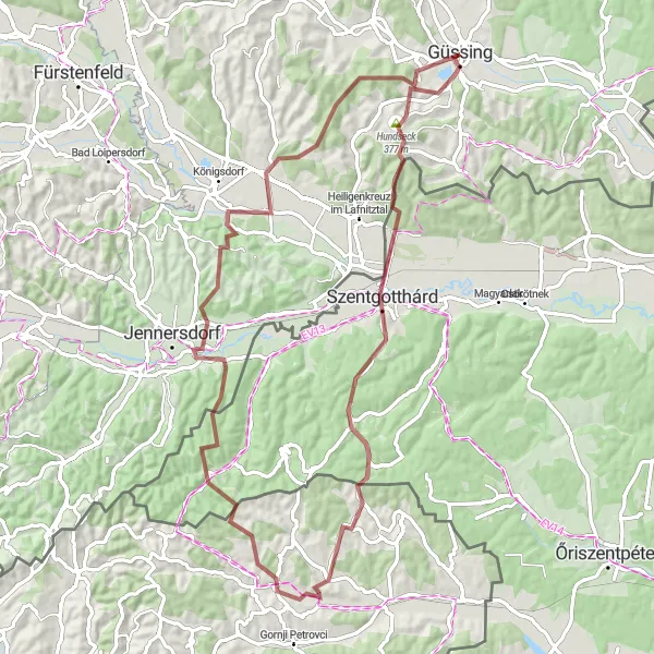 Zemljevid v pomanjšavi "Gravel avantura med Güssingom" kolesarske inspiracije v Burgenland, Austria. Generirano z načrtovalcem kolesarskih poti Tarmacs.app