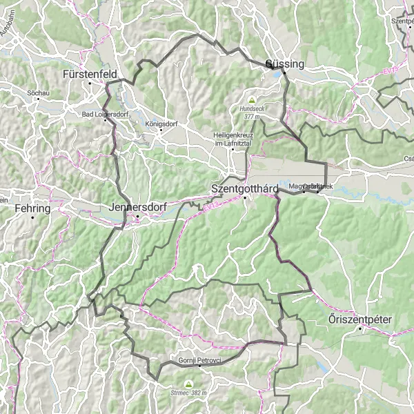 Miniatua del mapa de inspiración ciclista "Ruta de ciclismo de carretera Schlossberg - Steingraben" en Burgenland, Austria. Generado por Tarmacs.app planificador de rutas ciclistas