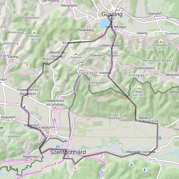 Map miniature of "Güssing - Schlossberg - Kleinmürbisch - Rönök - Magyarlak - Szentgotthárd - Neustift bei Güssing - Blick auf Burg Güssing" cycling inspiration in Burgenland, Austria. Generated by Tarmacs.app cycling route planner