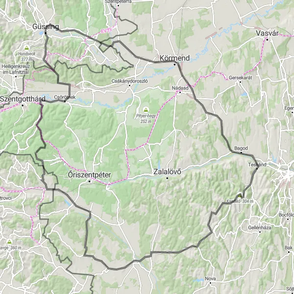 Miniaturní mapa "Náročná cesta kolem Güssingu" inspirace pro cyklisty v oblasti Burgenland, Austria. Vytvořeno pomocí plánovače tras Tarmacs.app