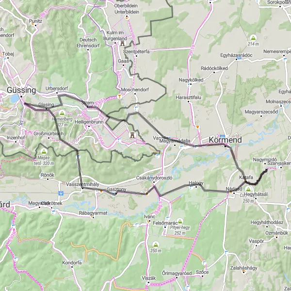 Map miniature of "Güssing - Hamerlberg - Strem - Pinkamindszent - Szőlődomb - Cser hegy - Halogy - Rátót - Savanyú-hegy - Stettnerberg - Glasinger Bergen" cycling inspiration in Burgenland, Austria. Generated by Tarmacs.app cycling route planner