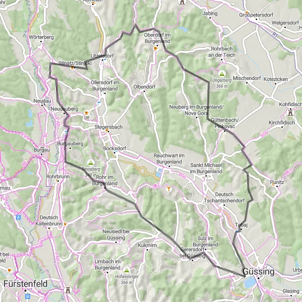 Miniatura mapy "Güssing - Aussichtswarte - Tobaj Loop" - trasy rowerowej w Burgenland, Austria. Wygenerowane przez planer tras rowerowych Tarmacs.app