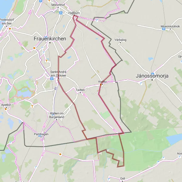 Mapa miniatúra "Štrková cyklotrasa cez Halbturn" cyklistická inšpirácia v Burgenland, Austria. Vygenerované cyklistickým plánovačom trás Tarmacs.app