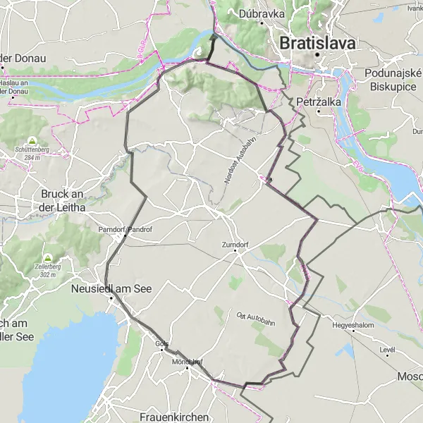 Miniaturní mapa "Cyklotrasa Gols - Bratislava Blick" inspirace pro cyklisty v oblasti Burgenland, Austria. Vytvořeno pomocí plánovače tras Tarmacs.app