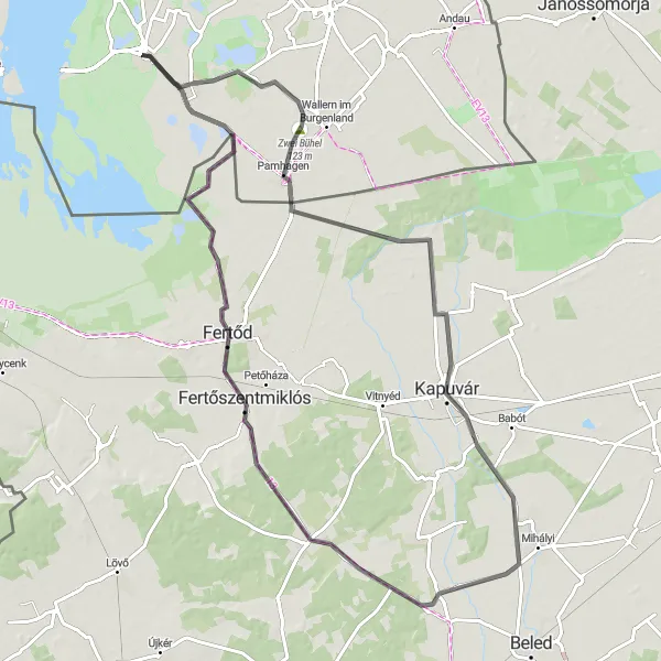 Mapa miniatúra "Okolo Nezabudnuteľných Krajín" cyklistická inšpirácia v Burgenland, Austria. Vygenerované cyklistickým plánovačom trás Tarmacs.app