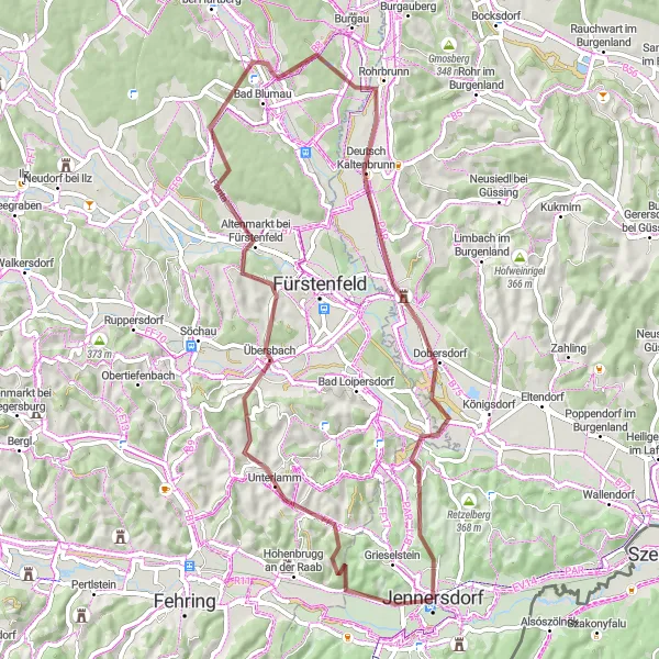 Karttaminiaatyyri "Gravel Rundweg rund um Jennersdorf" pyöräilyinspiraatiosta alueella Burgenland, Austria. Luotu Tarmacs.app pyöräilyreittisuunnittelijalla