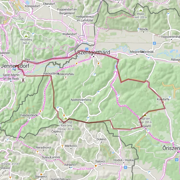 Mapa miniatúra "Gravelová trasa cez Kondorfu" cyklistická inšpirácia v Burgenland, Austria. Vygenerované cyklistickým plánovačom trás Tarmacs.app