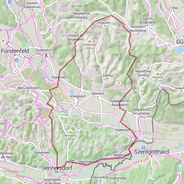 Mapa miniatúra "Gravel cyklotrasa Jennersdorf - Dobersdorf - Rax" cyklistická inšpirácia v Burgenland, Austria. Vygenerované cyklistickým plánovačom trás Tarmacs.app