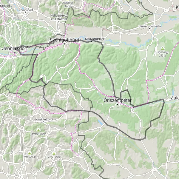Miniatua del mapa de inspiración ciclista "Ruta de ciclismo de carretera cerca de Jennersdorf" en Burgenland, Austria. Generado por Tarmacs.app planificador de rutas ciclistas